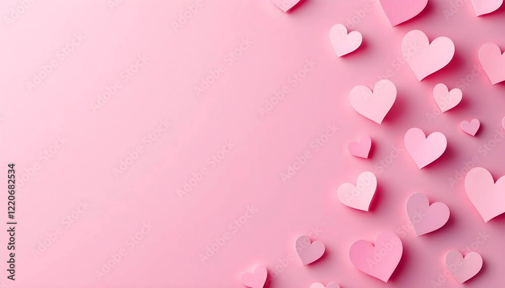 A beautiful pink background with romantic handmade paper hearts perfect for Valentine's Day cards wedding invitations and festive decorations A beautiful pink background with romantic handmade paper hearts perfect for Valentine's Day cards wedding invitations and festive decorations