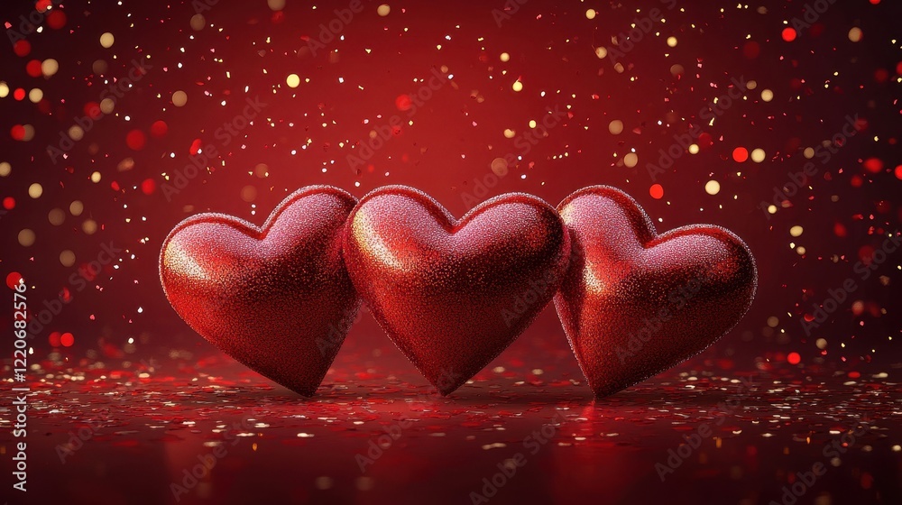 Fototapeta premium Romantic valentine's day background with shiny red hearts and sparkling lights