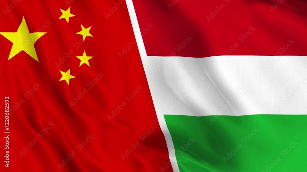 China and Hungary Flag Waving Loop. Flag of China and Hungary 