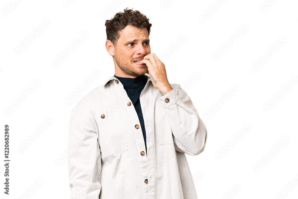 Brazilian man over isolated chroma key background is a little bit nervous Brazilian man over isolated chroma key background is a little bit nervous