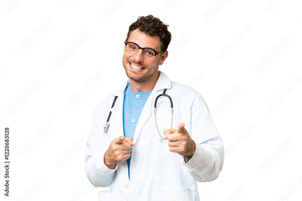 Brazilian doctor man over isolated chroma key background pointing to the front and smiling Brazilian doctor man over isolated chroma key background pointing to the front and smiling