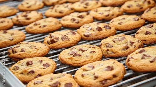 Freshly baked cookies cooling on a conveyor belt before entering the packaging section in a factory. photo