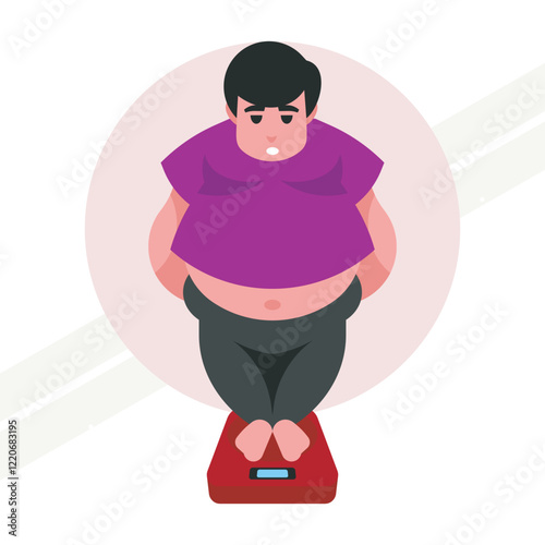 A fat man weighing himself on scales representing health and weight management