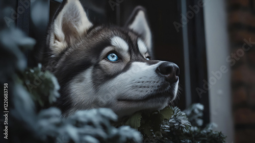 Wallpaper Mural  siberian husky sniffing leaf Torontodigital.ca