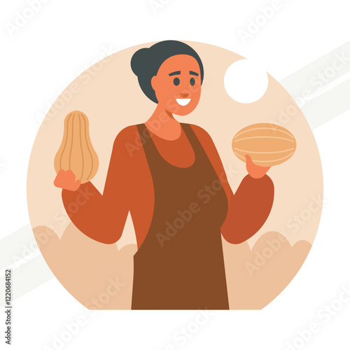 A female farmer with vegetables representing agriculture and harvest