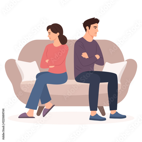 A woman and a man are sitting on the couch and don't want to talk to each other.Family quarrel, relationship conflict and misunderstanding in couple. Vector Illustration