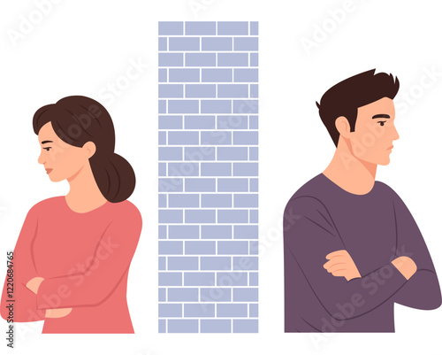 Family quarrel, relationship conflict and misunderstanding in couple.Unhappy Young Couple divided by brick wall. Divorce, breakup, separation concept. Vector illustration
