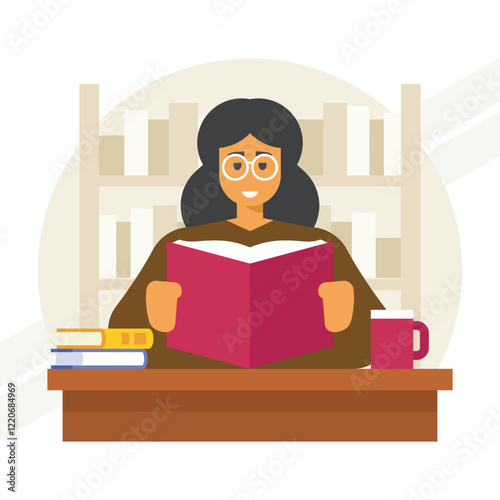 A female librarian representing education and knowledge