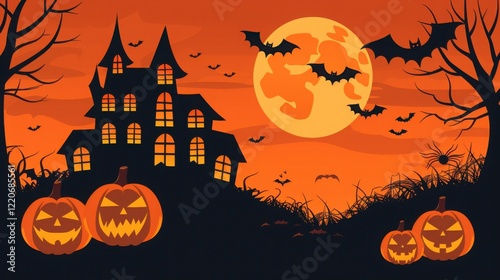 Spooky Halloween Night Landscape with Haunted House, Jack-o'-lanterns, Bats, and Full Moon photo