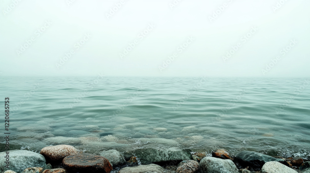 Obraz premium serene view of tranquil sea with soft green tones blending into horizon, featuring smooth rippling water and rocky shoreline in foreground under misty sky