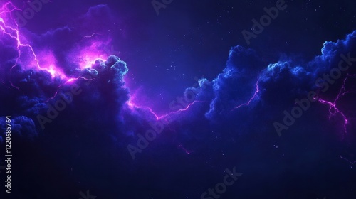 An abstract background with electric energy and purple lightning that glows against a dark blue sky. Ideal for banners, posters, or futuristic designs