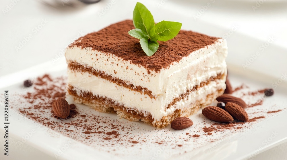 A delicious slice of tiramisu garnished with mint and almonds on a white plate. A delicious slice of tiramisu garnished with mint and almonds on a white plate.
