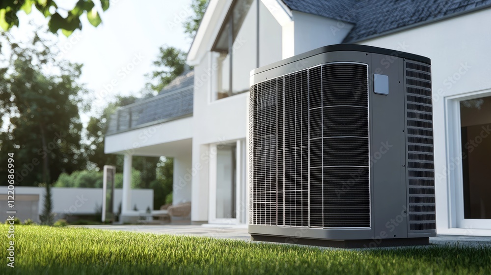 Fototapeta premium Air conditioner compressor outdoor unit installed outside the house