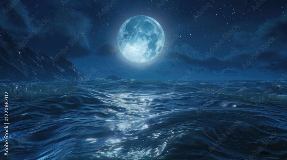 Fototapeta premium Serene Nightscape: Full Moon over Dark Ocean Waves and Distant Mountains under Starlit Sky