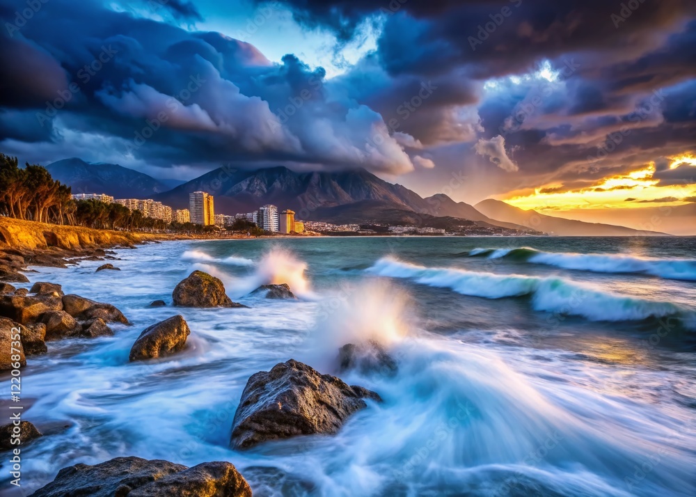 Dramatic Winter Storm Waves Crashing on Benicassim Coastline, Spain Dramatic Winter Storm Waves Crashing on Benicassim Coastline, Spain