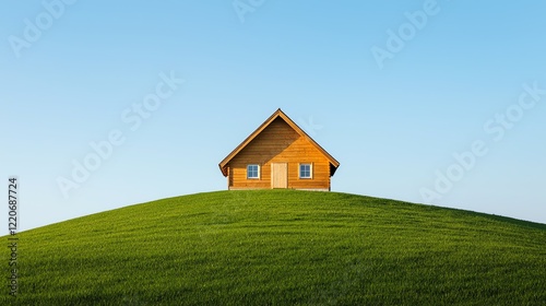 Wallpaper Mural A charming wooden house sits atop a green hill under a clear blue sky, creating a serene and picturesque landscape. Torontodigital.ca