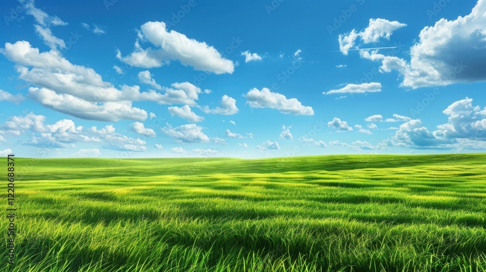 Serene Green Field Under a Vast Blue Sky with Puffy Clouds A Stunning Summer Landscape Photography Serene Green Field Under a Vast Blue Sky with Puffy Clouds A Stunning Summer Landscape Photography