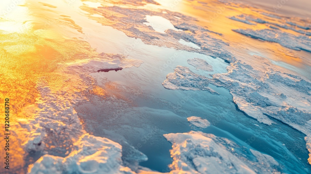 The impacts of climate change on this delicate ecosystem are demonstrated by this aerial view of the Arctic Ocean, which displays melting icebergs illuminated by the warm glow of a setting sun. The impacts of climate change on this delicate ecosystem are demonstrated by this aerial view of the Arctic Ocean, which displays melting icebergs illuminated by the warm glow of a setting sun.