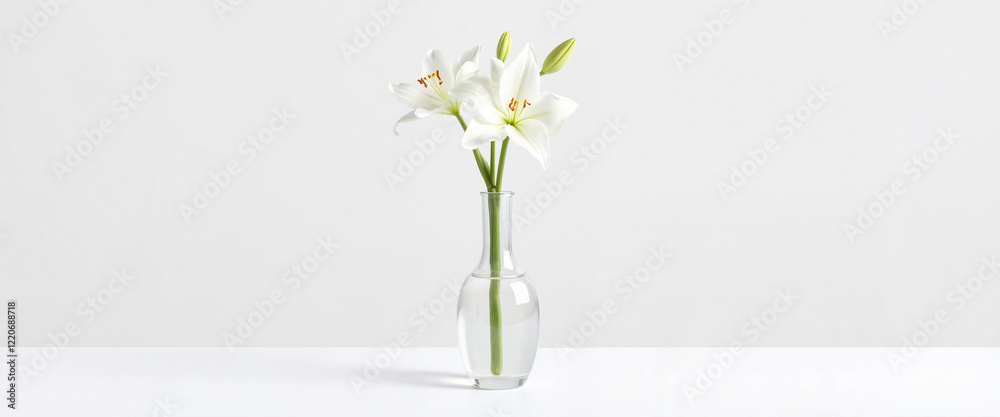Elegant white lilies in glass vase on white background, minimalist decor Elegant white lilies in glass vase on white background, minimalist decor