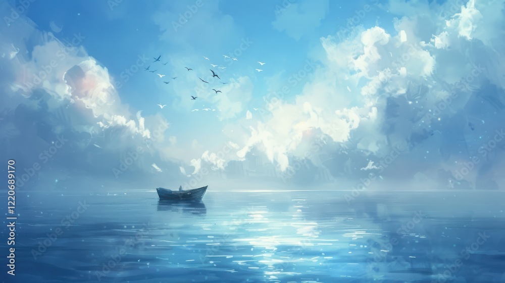 Obraz premium Tranquil Seascape Painting: A Lone Boat Under a Serene Sky
