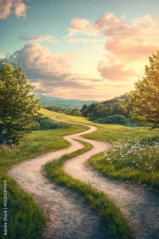 Fototapeta premium Nature's crossroads stunning landscape with forked path bright horizon vibrant environment serene viewpoint