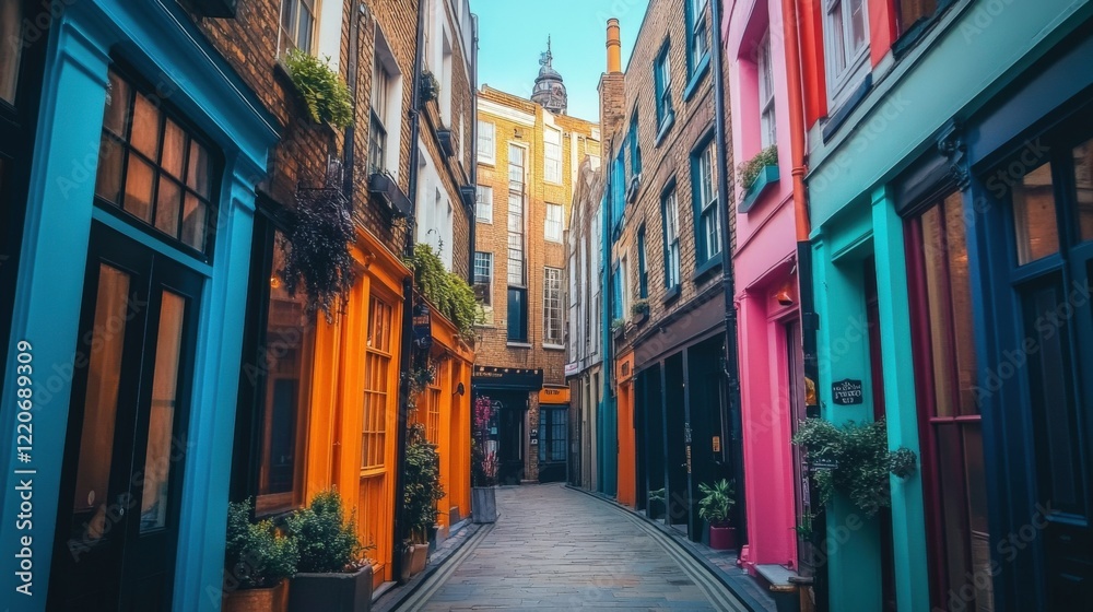 Fototapeta premium Colorful Urban Alley with Vibrant Buildings. A vibrant and colorful urban alley surrounded by vividly painted buildings, showcasing a lively and artistic cityscape.