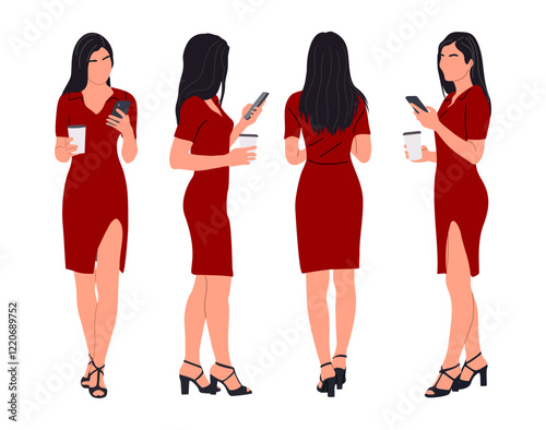 Set of Business woman character in different poses. Young attractive girl wearing office red dress standing, using phone, holding takeaway coffee cup, front, back and side view. Vector illustration.