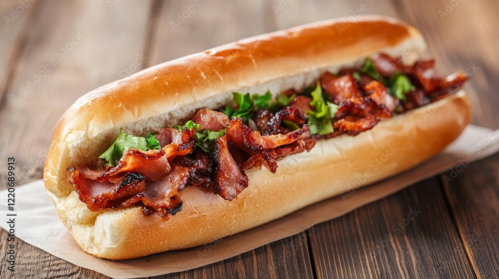 A delicious bacon sandwich served in a soft bun with fresh greens. A delicious bacon sandwich served in a soft bun with fresh greens.