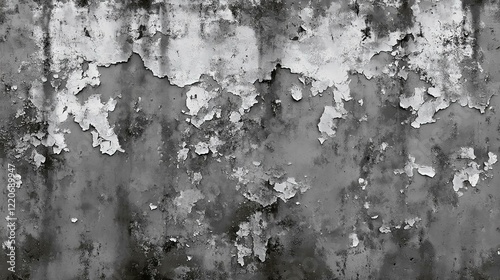 concrete wall with old cracked flaking paint. Weathered rough painted surface with patterns of cracks and peeling.