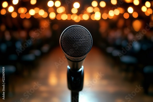 microphone with bokeh light background stand up comedy show karaoke or singing contest background for poster design open mic and jokes show photo