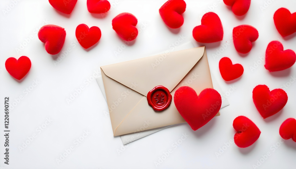 A delicate Valentine day greeting concept with an envelope and red hearts on a white background ideal for festive decorations A delicate Valentine day greeting concept with an envelope and red hearts on a white background ideal for festive decorations