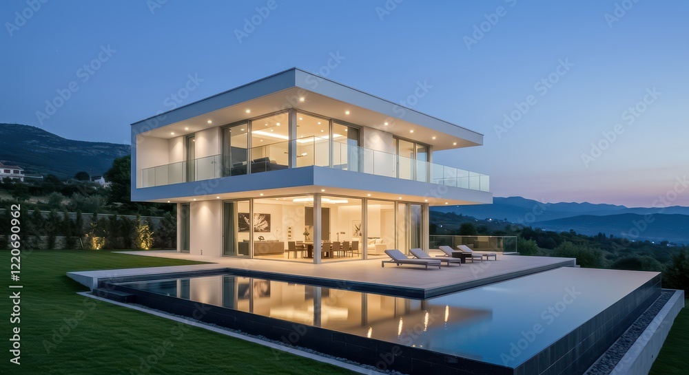 A sleek modern villa with a large outdoor pool expansive glass windows and a floating balcony A sleek modern villa with a large outdoor pool expansive glass windows and a floating balcony