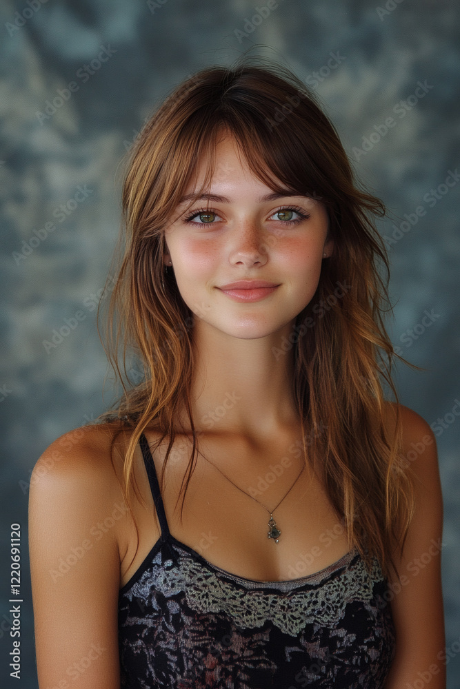 Yearbook photo of a young woman from the 2000s in front of a grey background Yearbook photo of a young woman from the 2000s in front of a grey background