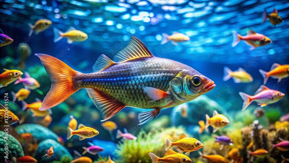 Fototapeta premium Drone View: Silver Trevally in Massive Aquarium, Blue Background