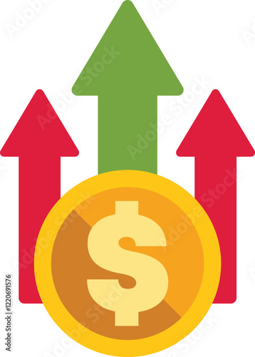 Gold dollar coin increasing in value with three upward arrows symbolizing growth