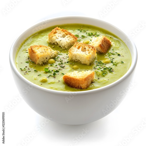 Split pea soup, smooth green with a sprinkle of croutons on top on white background