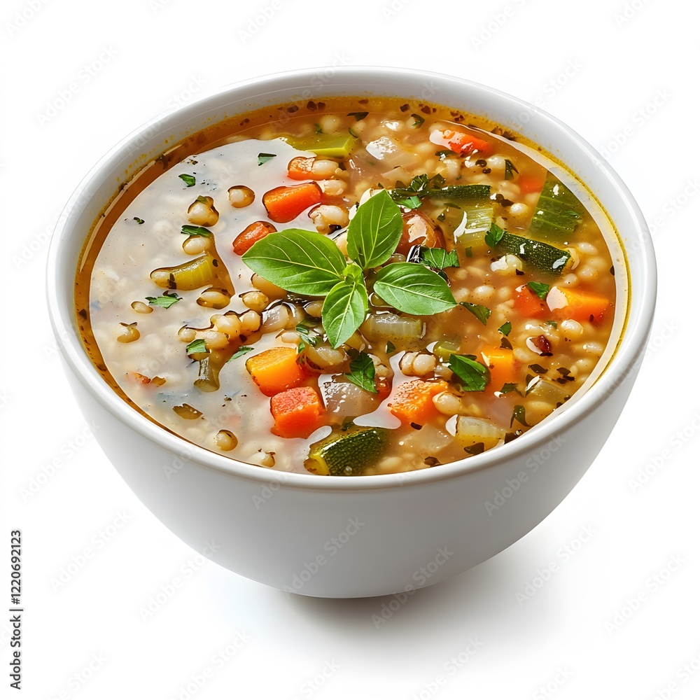 Rustic barley soup with visible grains and vegetables on white background Rustic barley soup with visible grains and vegetables on white background