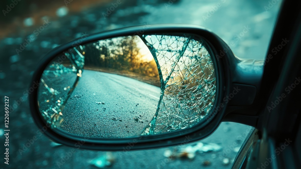 Shattered Side Mirror Capturing the Reflection of a Deteriorating Road in the Warm Glow of a Setting Sun Amidst Discarded Trash and Debris Shattered Side Mirror Capturing the Reflection of a Deteriorating Road in the Warm Glow of a Setting Sun Amidst Discarded Trash and Debris