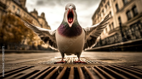 A striking image of a pigeon soaring with its wings spread wide and mouth open, showcasing the beauty and expressiveness of these urban birds in dynamic motion. photo