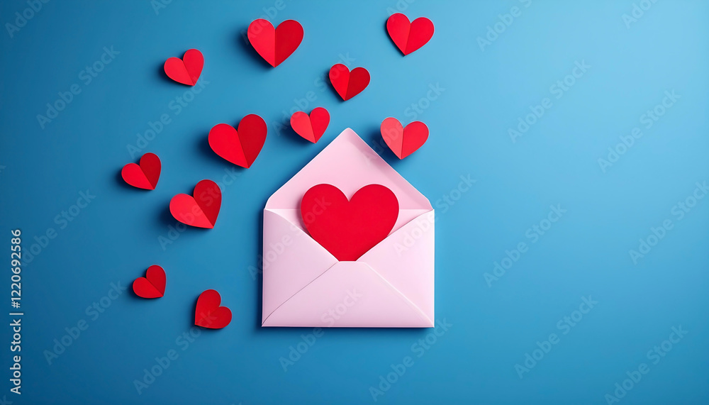 Romantic blue background with an envelope and red hearts perfect for Valentine day greeting cards and celebration decorations Romantic blue background with an envelope and red hearts perfect for Valentine day greeting cards and celebration decorations