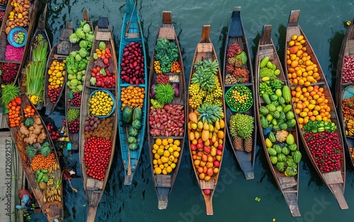 A picturesque waterbased market with boats filled with fresh, colorful fruits and vegetables, creating a vibrant display of produce in a lively floating market scene