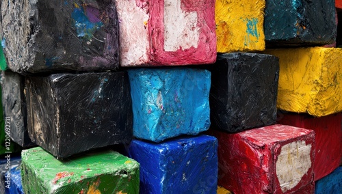A stack of colorful, recycled plastic bales in an industrial setting. The texture and colors should be detailed to reflect the diversity of materials being incorporated, such as different hues of blue