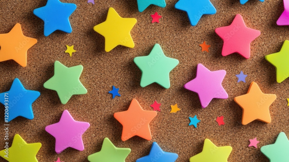 Fototapeta premium Colorful stars scattered on a textured brown background creating a vibrant and artistic composition