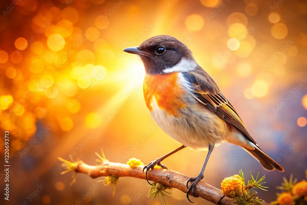 Eastern Stonechat Bird on Branch, Sunny Day Double Exposure Stock Photo Eastern Stonechat Bird on Branch, Sunny Day Double Exposure Stock Photo