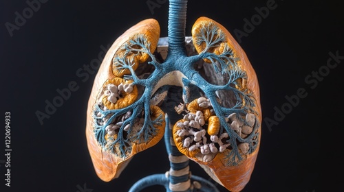 respiratory system showing how inhaled PM 2.5 dust particles settle in the alveolar sacs and lead to various respiratory complications