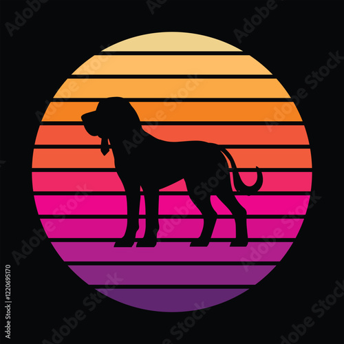 Bloodhound Dog Silhouette with Retro Sunset Vector
