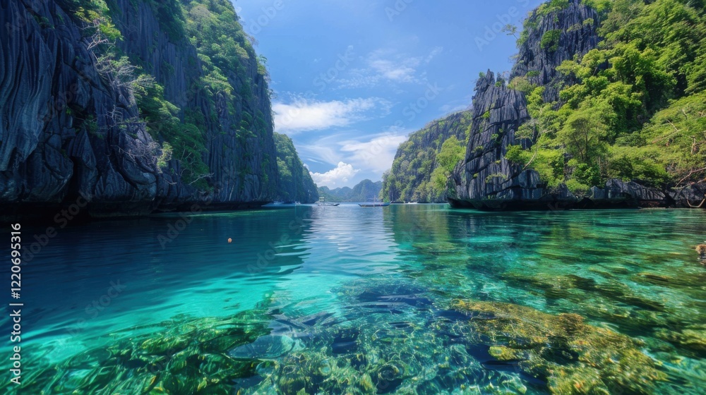 Stunning Turquoise Lagoon Surrounded by Lush Green Cliffs in the Philippines: A Tropical Paradise Stunning Turquoise Lagoon Surrounded by Lush Green Cliffs in the Philippines: A Tropical Paradise
