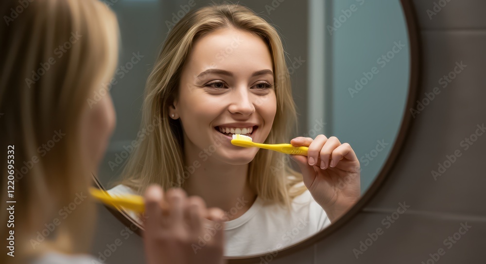 A smiling young woman with blonde hair brushing her teeth with a yellow toothbrush while looking into a round mirror A smiling young woman with blonde hair brushing her teeth with a yellow toothbrush while looking into a round mirror