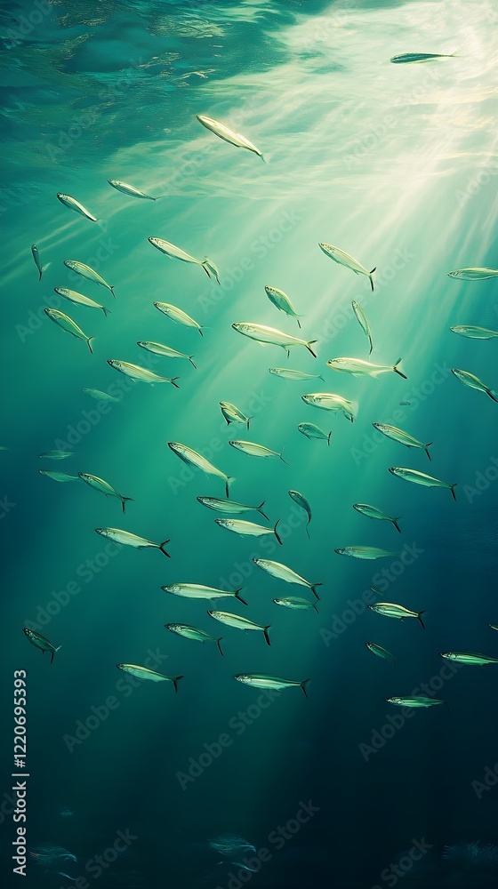 Fototapeta premium Tranquil Underwater Scene of Schooling Fish in an Aquarium