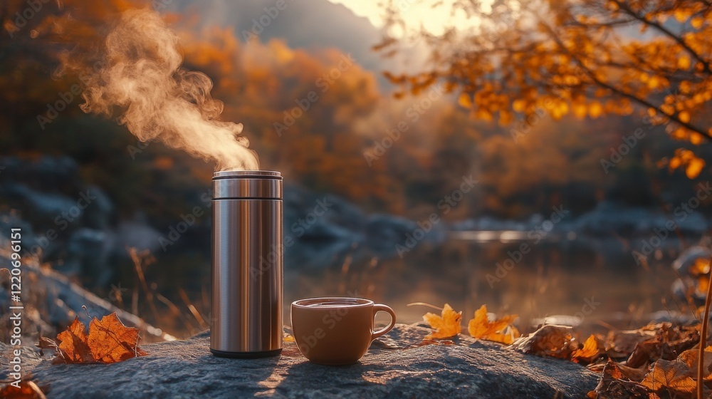 Mountain Sunrise Warmth: As the sun shines a golden glow over the fall mountain scenery, a stainless steel thermos and cup lie on a rock, with steam rising. Mountain Sunrise Warmth: As the sun shines a golden glow over the fall mountain scenery, a stainless steel thermos and cup lie on a rock, with steam rising.
